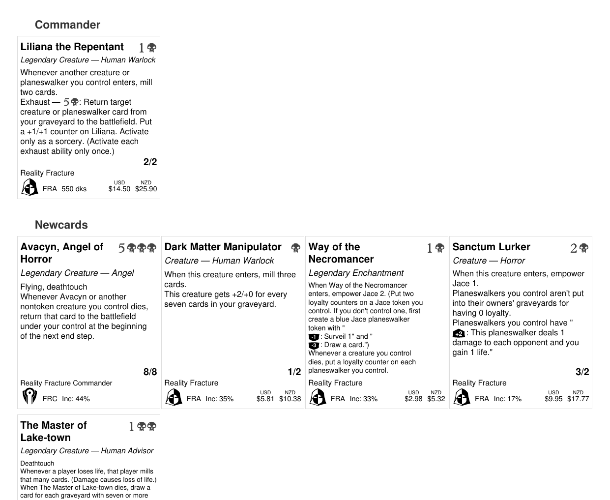 Sample commander PDF: commander card and the first card rows